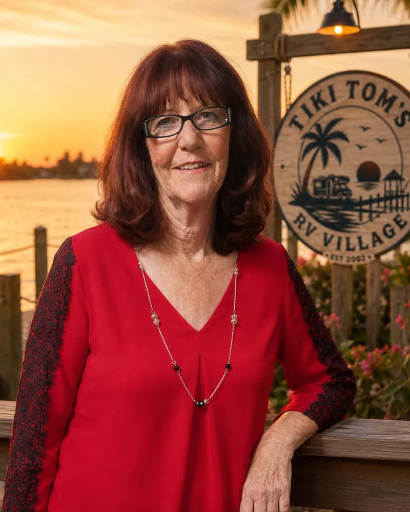 Leah in a red shirt by the Tiki Tom’s waterfront sign at sunset.